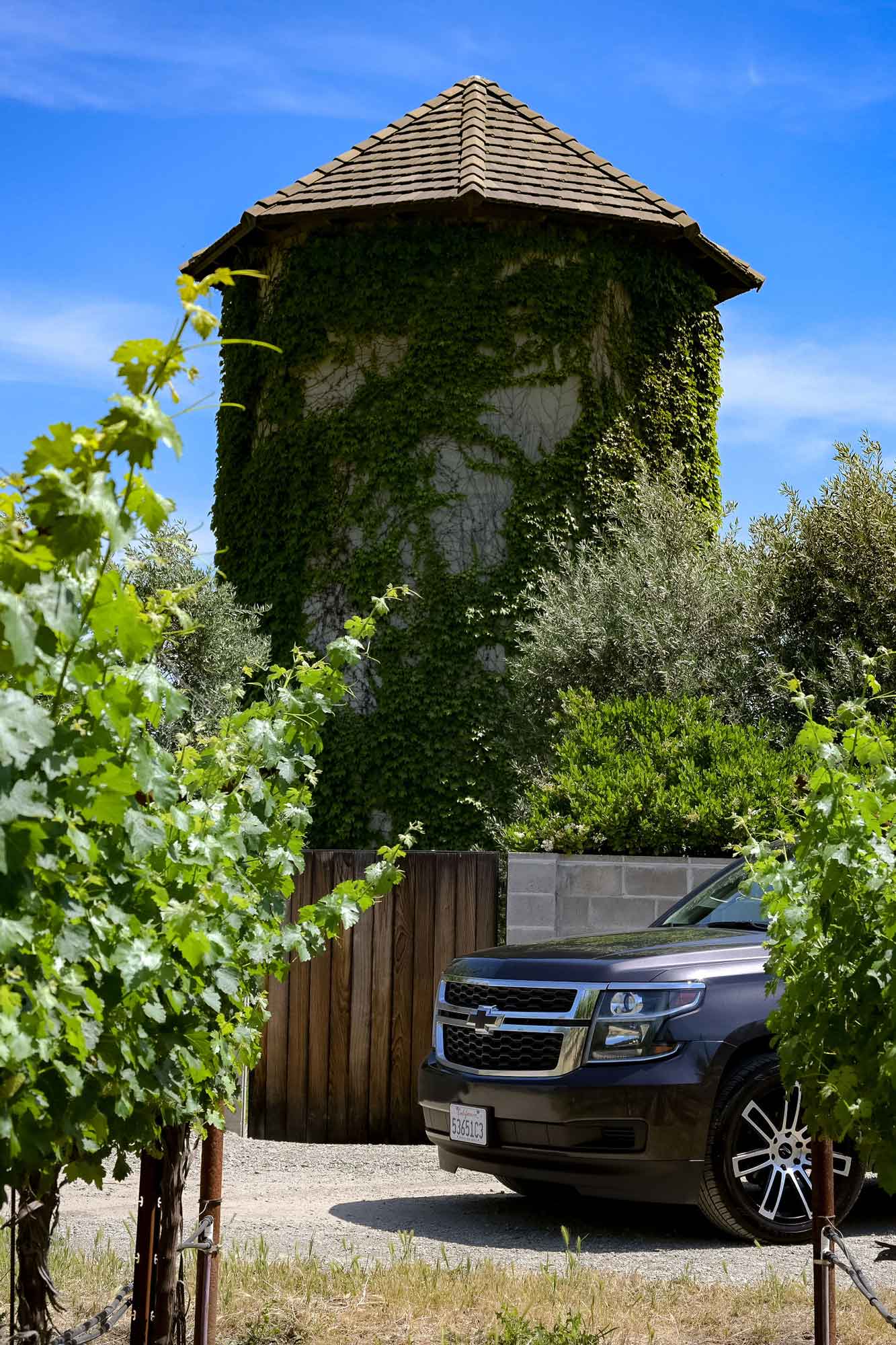 SUV peeking out from vines with a vine-covered water tower behind